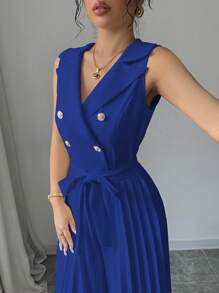 Elenzga 女士优雅双排扣设计杏色褶皱连体裤，春秋 - 寶藍色 - 查看 4