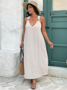 SHEIN Frenchy Women's Plus Size V-Neck Printed Long Dress, Fashion Loose Casual Dress Suitable For Vacation