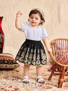Babygirl קיץ מתוק לבן חולצה קצרה וחצאית מיני בדוגמת זהב יוקרתית 2 חלקים סט - שחור ולבן - ראה 3