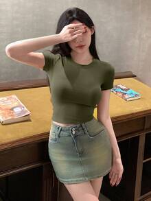 DAZY Women Solid Color Short Sleeve T-Shirt, Minimalist Fashion Casual Everyday Wear - Army Green - View 6