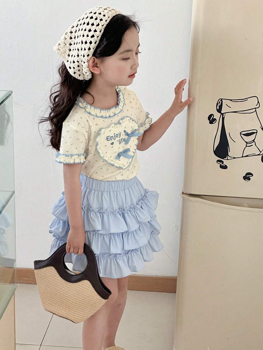 DAZY 2pcs/Set Young Girl Letter Print Ruffle Hem Top And Cake Silhouette Midi Skirt,Girls Summer Outfits - Blue - View 1
