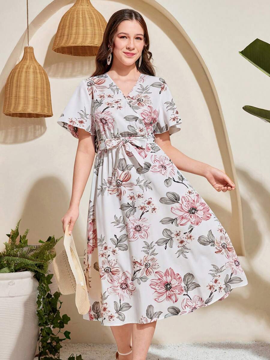 SHEIN Leap Crew 少女花卉印花长款夏季系带 A 字裙，优雅适合夏季、度假、海滩和通勤 - 白色 - 查看 1