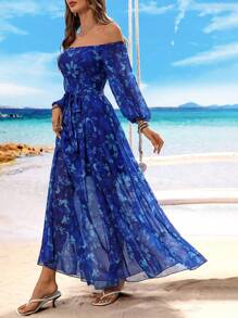 Breezaya Off-Shoulder Blue Rose Floral Print Dress, Vacation Style