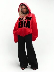 SUMWON WOMEN Halloween Villain Era Gothic Full-Zip Hoodie Urban Streetwear Statement Piece Bold Text Avant-Garde Fashion Alternative Style Edgy Athleisure Fall Winter Unisex Sweatshirt - Red - View 4