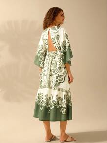 CAJUNI Women's Bohemian Tropical Floral Print, V-Neck Batwing Sleeve Backless Casual Dress, Vacation Style, Beige