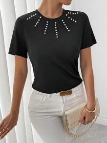 SHEIN 女士黑白泡泡珠装饰圆领短袖上衣 - 黑色 - 查看 1