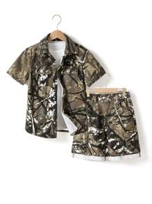2pcs Tween Boys Casual Branch Camouflage Print Denim Short Sleeve Shirt & Elastic Waist Cargo Shorts Set - Army Green - View 3