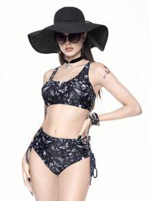 ROMWE Goth Women 2 Pieces Swimwear, Cutout Strappy Bow, Skull & Insect Full Print