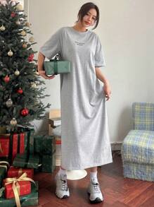 DAZY Spring/Summer New Letter Print Loose Casual Dress For Women Sundress - Grey - View 4