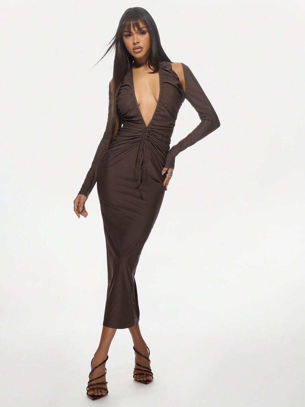 missguided brown dress MISSGUIDED Long Sleeve Plunge Neck Fitted Midi DressMISSGUIDED