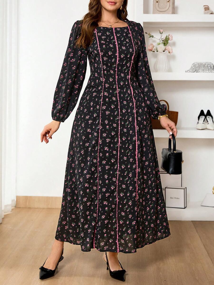 SHEIN Frenchy 大码女式黑色碎花长裙,轻盈休闲黑色长裙,春夏新品 - 黑色 - 查看 1