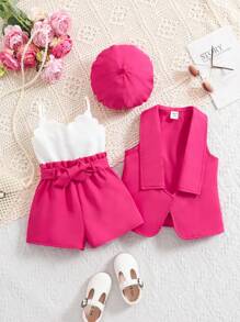 SHEIN Leap Crew 3pcs Baby Girl Casual Fuchsia Vest Top & Shorts & Hat Set For Summer - Pink - View 6