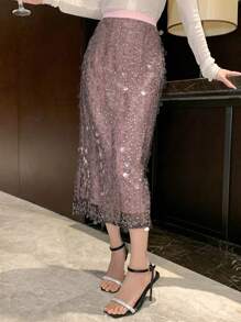 DAZY 女士亮片装饰简约优雅铅笔裙，休闲度假舞会奢华新年嘉年华女装 - 紫色 - 查看 6