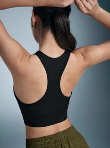 SHEIN Solid Color Mesh Patchwork Hollow Out Sports Bra - Black - View 2