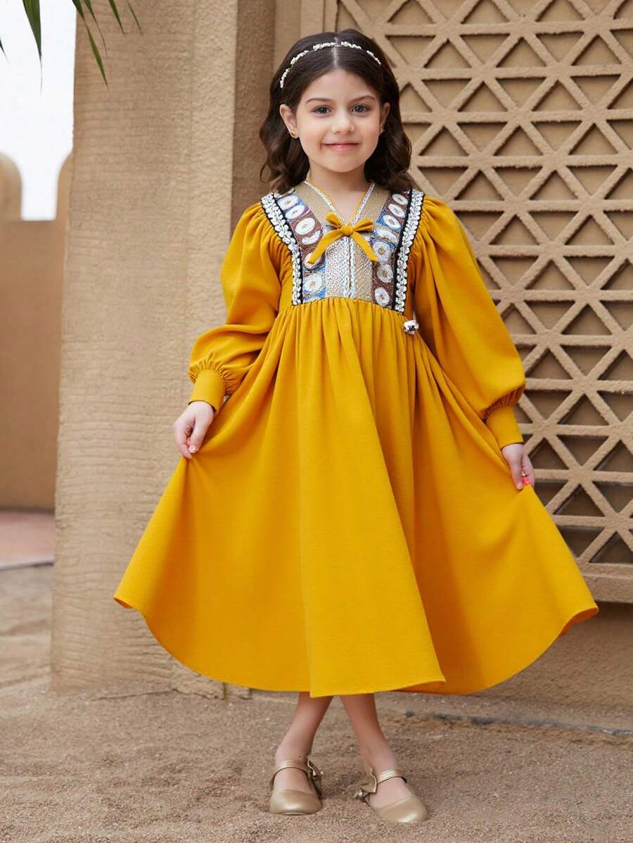 SHEIN Patch Tape Embellished Long Sleeve A-Line Dress, Vacation Look For Young Girls - Yellow - View 1