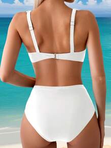 Swim Lushoire Women's Vacation Solid Color Ruffle Sexy Bikini Set, For Summer Beach - White - View 2