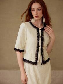 MOTF PREMIUM LACE CONTRAST BINDING BOXY JACKET - Beige - View 5