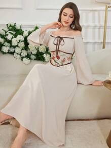 Modelyn Jacquard Patchwork Waistband Off Shoulder Flare Sleeve Dress - Apricot - View 4