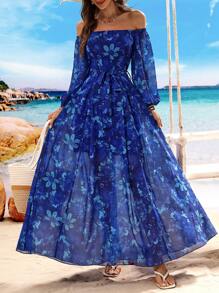 Breezaya Off-Shoulder Blue Rose Floral Print Dress, Vacation Style