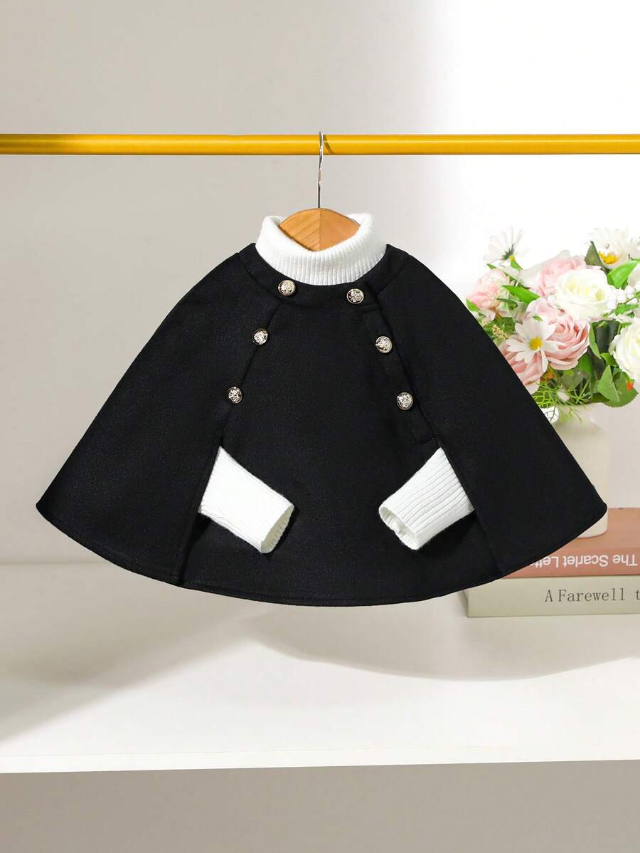 SHEIN 女宝宝甜美优雅羊毛斗篷夹克，秋冬 - 黑色 - 查看 1