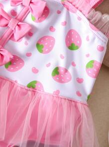 Newborn Strawberry Print Princess Style One-Piece Swimsuit, Pink - Baby Pink - View 5
