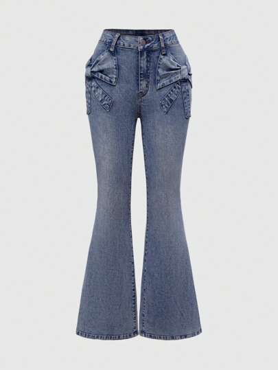 Kawaii Vintage Washed Blue Distressed Butterfly Patch Pocket Mini Low Waist Flared Leg Jeans