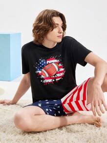 Happy Jammies Set de pijama de 2 piezas con top de cuello redondo de manga corta estampado y pantalones cortos casuales para hombre