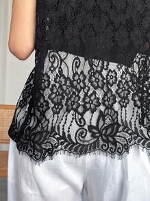 FRIFUL Women's Black Sheer Lace Blouse With Bowknot Collar, Elegant Summer Wear - Black - View 8