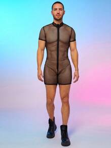 FeverCity Men's Mesh See-Through Romper Short Sleeve Rompers - Black - View 2
