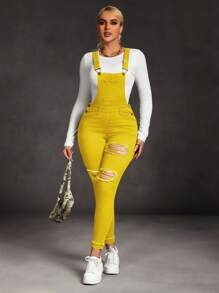 SHEIN SXY Women's Yellow Denim Jumpsuit Casual Ripped Distressed Bib Overall Outfit - Yellow - View 2