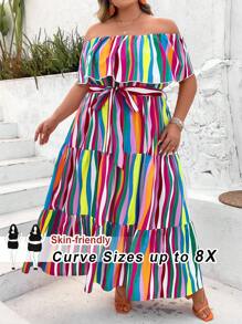 SHEIN CURVE+ Plus Size Vacation Leisure Colorful Striped Pattern Off-Shoulder Ruffle Trimmed Multi-Tiered Hem A-Line Dress Pride Month Rainbow Women's Long Dress Boho Vacation - Multicolor - View 1