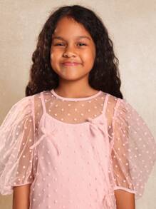 SUMWON Mesh Polka Dot Puff Sleeve Blouse With Bow Detail, Girls Special Occasion Top, Party Wear Layered Top, Holiday Season Fashion - Baby Pink - View 3