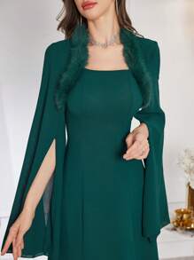 Modelyn Damen Kunstfell Splice Offene Ärmel Langes Kleid, Elegant