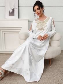 Al Najma Women's Floral Cutout Shoulder Long Sleeve Elegant Abaya Dress  Summer Outits For Women