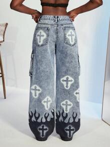 Slaydiva Damen Lässig Cargo Jeans mit gewaschenem Kontrast Kreuz- und Flammen-Muster - Blau - Übersicht 3