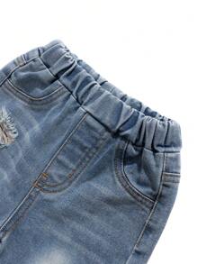 SHEIN Baby Boy Retro Distressed Vintage Washed Ripped Frayed Plaid Patchwork Loose Fit Straight Leg Light Blue Denim Jeans, For Spring/Summer - Light Wash - View 3