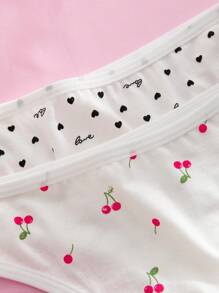 Eraneu 3pcs/Pack Women's Romantic Cherry Heart Print Casual Comfortable Versatile Panties, Printed Thongs - Multicolor - View 7