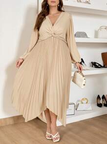 SHEIN Frenchy Plus Size Elegant Solid Color Lantern Sleeve Twist Elegant Women Dresses Old Money Pleated Midi Dress
