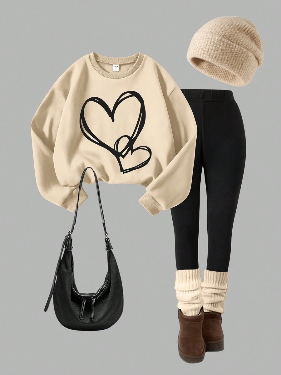 2pcs Tween Girl Casual Heart Print Crew Neck Sweatshirt And Sports Leggings Set, Suitable For Autumn/Winter