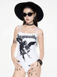 ROMWE Goth Women's One Piece Swimsuit With Bowknot, Graffiti Print, Angel Element, For Summer Beach Vacation, Halloween - Black and White - View 5