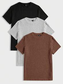 Manfinity VCAY Men's Solid Color Round Neck Knit Casual Ribbed Short Sleeve T-Shirt - Coffee Brown - View 1