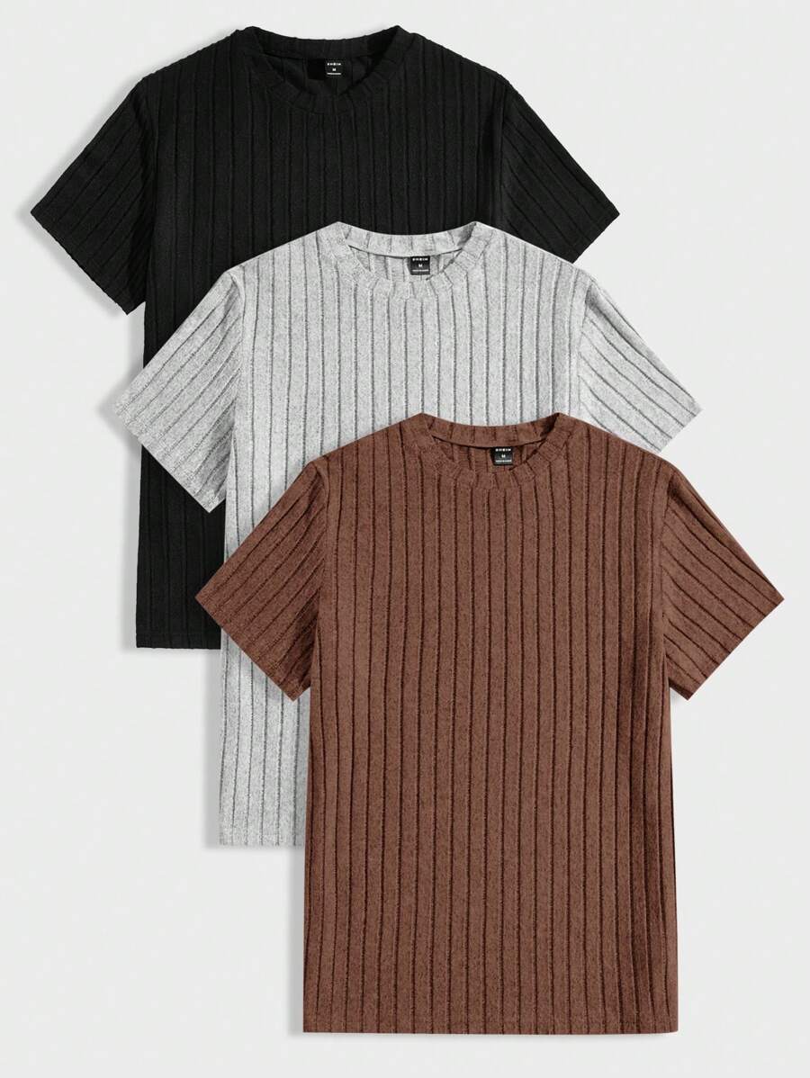 Manfinity VCAY Men's Solid Color Round Neck Knit Casual Ribbed Short Sleeve T-Shirt - Coffee Brown - View 1