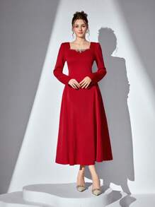 Poshira Women's Square Neckline Puff Sleeve Ruffled Midi Dress - Red - View 5