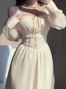 DAZY Women Elegant Wedding Guest Solid Color Square Neck Puff Sleeve Tie-Up Mid-Long Dress, Spring Prom Dress,Fall Dress Long Sleeve Dress