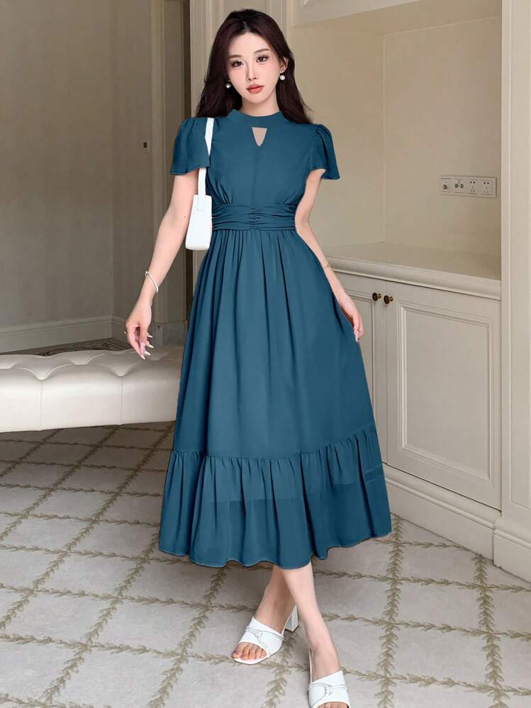 formal dress ruched waist Ruched Waist Satin Dress With Lace-Up Back