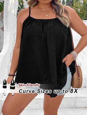 SHEIN CURVE+ 女士加大码黑色纹理宽松吊带背心，夏季