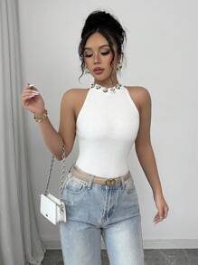 Elenzga Pailletten & Strass 3D Blumen Dekor ärmellose Strick-Trägershirt für Damen