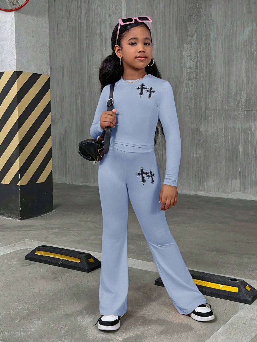 SHEIN Leap Crew Tween Girls Casual Street Style Solid Color Crew Neck Long Sleeve Knit Set - Baby Blue - View 1