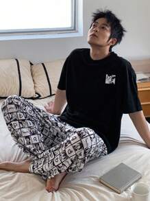 DAZY Men's Anime Pattern Print T-Shirt & Floral Pants Matching Pajama Set, Summer - Grey - View 1