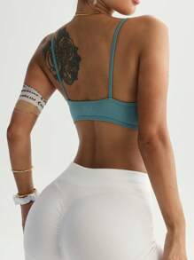 Easithlete Bleach Wash Ribbed Sport Braworkout Tank Top - Dusty Blue - View 3